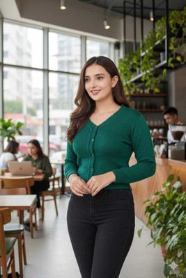 urban trees Solid V Neck Casual Women Green Sweater
