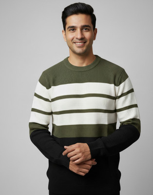 AUREN Colorblock Round Neck Casual Men Dark Green Sweater