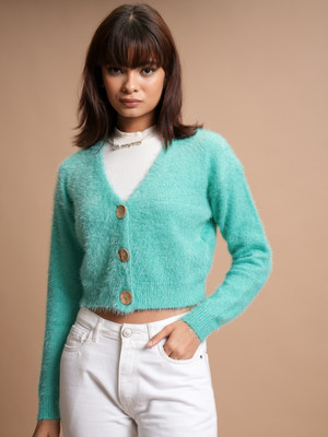 Tokyo Talkies Solid V Neck Casual Women Blue Sweater