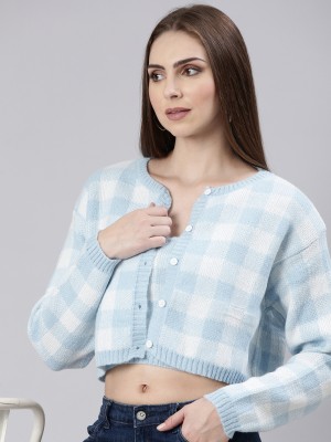 Showoff Checkered Round Neck Casual Women Blue Sweater