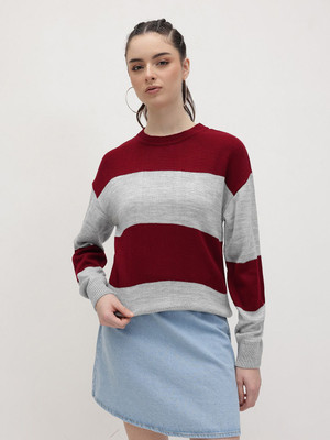 Roadster Striped Round Neck Casual Women Red, Grey Sweater