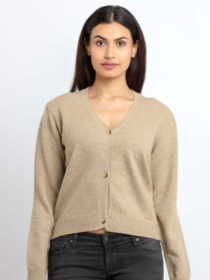 Status Quo Self Design V Neck Casual Women Beige Sweater