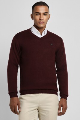 PETER ENGLAND Solid V Neck Casual Men Maroon Sweater