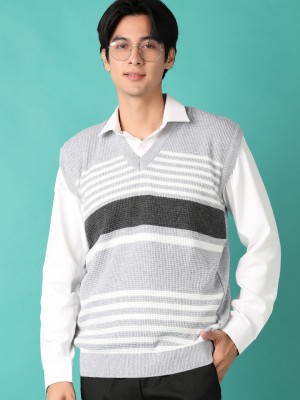 V-MART Self Design V Neck Casual Men Grey Sweater