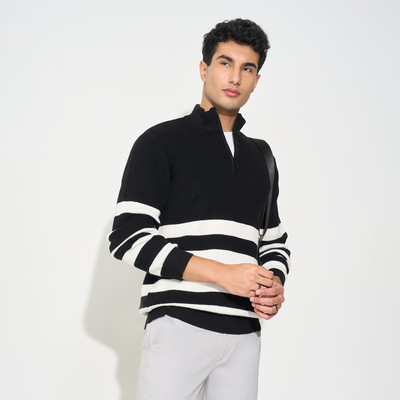 Peregrine by Pantaloons Striped High Neck Casual Men Black Sweater