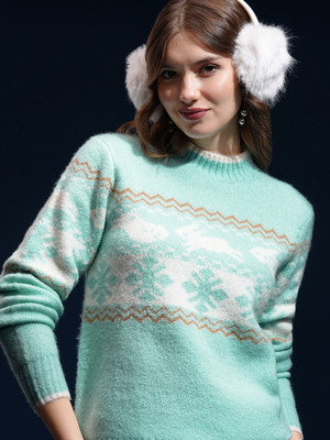 Tokyo Talkies Self Design High Neck Casual Women Blue Sweater