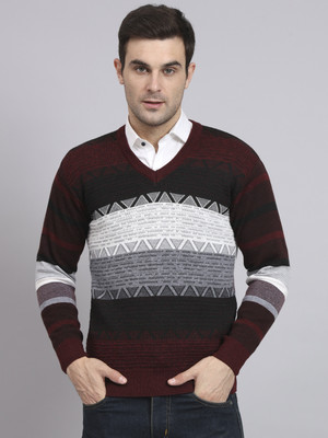 eWools Colorblock V Neck Casual Men Maroon Sweater