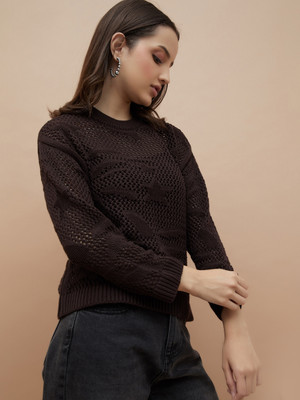 Ginger by Lifestyle Self Design Round Neck Casual Women Brown Sweater