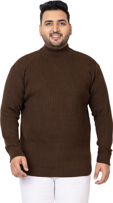 KVETOO Striped High Neck Casual Men Brown Sweater