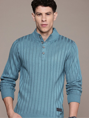 Roadster Self Design Keyhole Neck Casual Men Blue Sweater