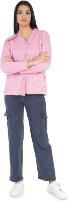 manra Self Design V Neck Casual Women Pink Sweater