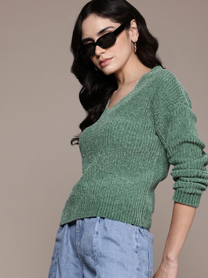 Roadster Self Design V Neck Casual Women Green Sweater
