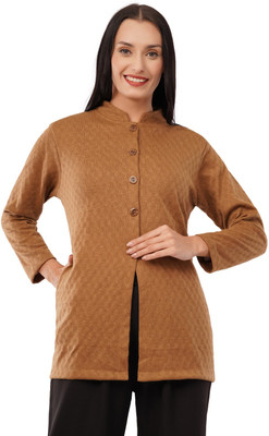LE ARC Self Design Mandarin Neck Casual Women Brown Sweater
