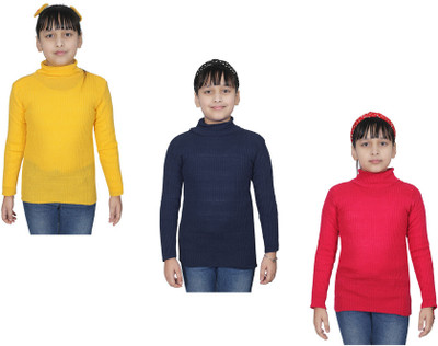 KAVYA Self Design High Neck Casual Girls Multicolor Sweater
