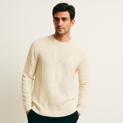 Maksa Self Design Round Neck Casual Men Beige Sweater