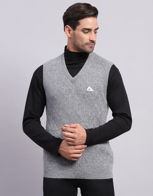 MONTE CARLO Self Design V Neck Casual Men Grey Sweater