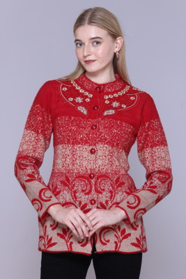 FASHSTORE Floral Print Mandarin Neck Casual Women Red Sweater
