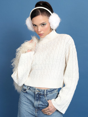 Tokyo Talkies Solid High Neck Casual Women White Sweater