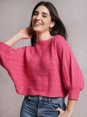 Tokyo Talkies Self Design Boat Neck Casual Women Pink Sweater