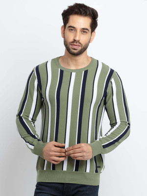 Status Quo Striped Round Neck Casual Men Green Sweater