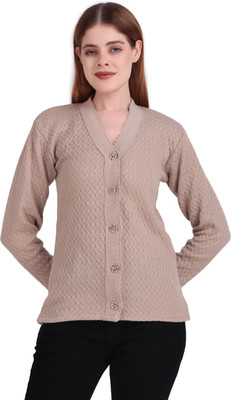 BRAZO Self Design V Neck Casual Women Beige Sweater