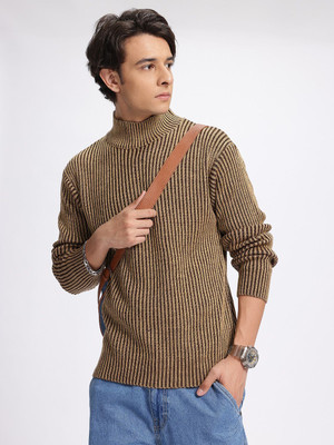 Glitchez Self Design Turtle Neck Casual Men Brown Sweater