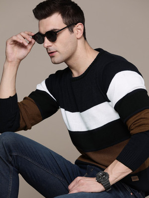 Roadster Striped Round Neck Casual Men Blue Sweater