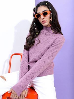 Tokyo Talkies Solid High Neck Casual Women Purple Sweater