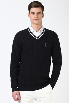 PETER ENGLAND Solid V Neck Casual Men Black Sweater