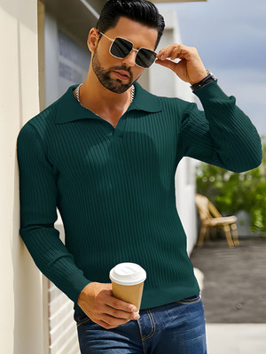 TYSORT Solid Collared Neck Casual Men Dark Green Sweater