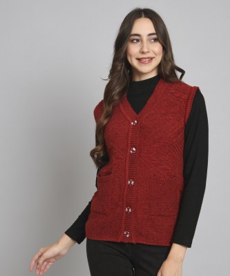 BUDAPEST Solid V Neck Casual Women Maroon Sweater