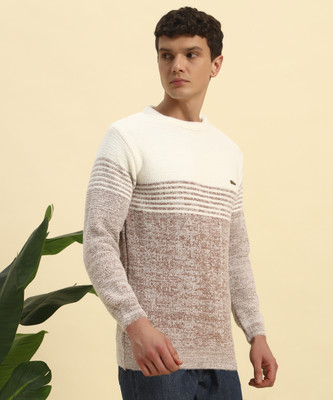 CANBLAR Colorblock Round Neck Casual Men Brown Sweater