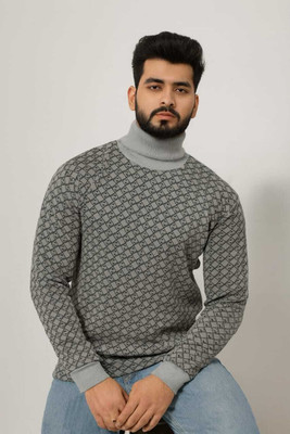Krop Fashion Geometric Print High Neck Casual Men Grey Sweater