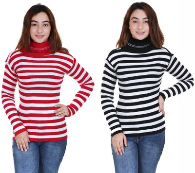 100LUCK Striped High Neck Casual Women Multicolor Sweater