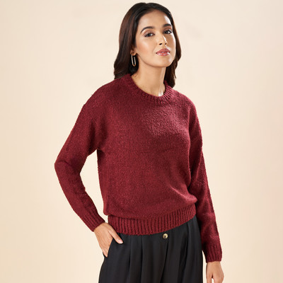 Akkriti by Pantaloons Solid Round Neck Casual Women Maroon Sweater