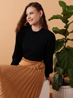 STREET9 Solid Round Neck Casual Women Black Sweater
