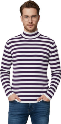 Looks United Striped High Neck Casual Men Purple Sweater