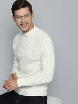 Mast & Harbour Striped Round Neck Casual Men White Sweater