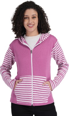 manra Striped Hooded Neck Casual Women Purple Sweater