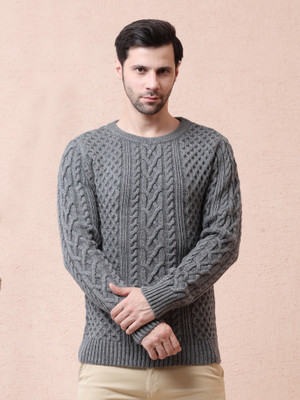 NOQUO Self Design Round Neck Casual Men Grey Sweater