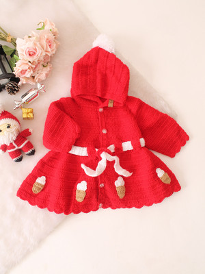 Woonie Self Design Round Neck Casual Boys & Girls Red Sweater