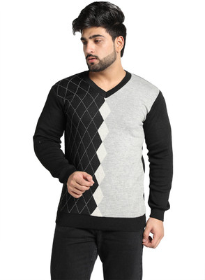VENATORIA Colorblock V Neck Casual Men Black, White Sweater