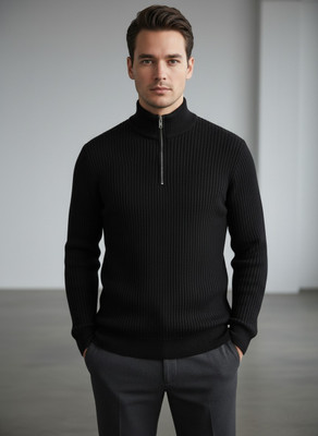 AEMA Striped High Neck Casual Men Black Sweater