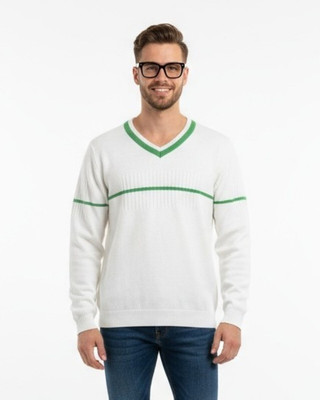 FORWARDS Striped V Neck Casual Men White Sweater