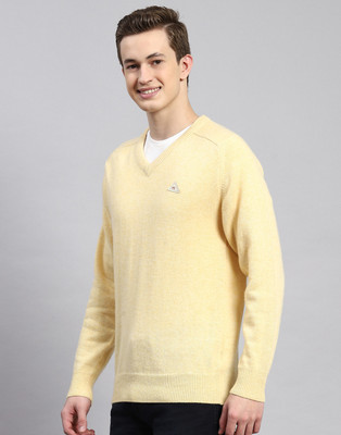 MONTE CARLO Self Design V Neck Casual Men Yellow Sweater
