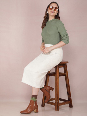 CRIMSOUNE CLUB Solid Round Neck Casual Women Green Sweater