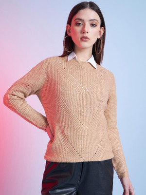 STREET9 Woven Round Neck Casual Women Brown Sweater