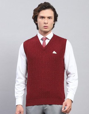 MONTE CARLO Self Design V Neck Casual Men Maroon Sweater