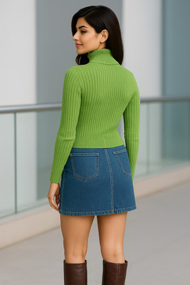SKG Herringbone Collared Neck Casual Women Light Green Sweater