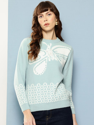 METRONAUT Printed Round Neck Casual Women Light Blue Sweater